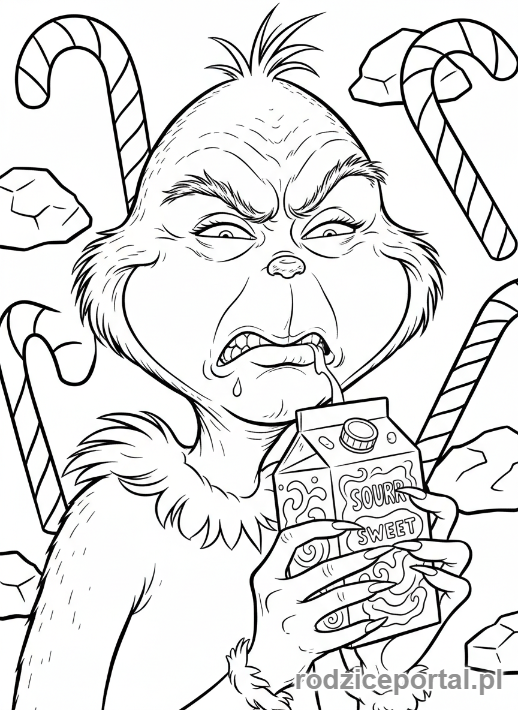 Kolorowanka Grinch - Grinch pije 'kwaśne' mleko