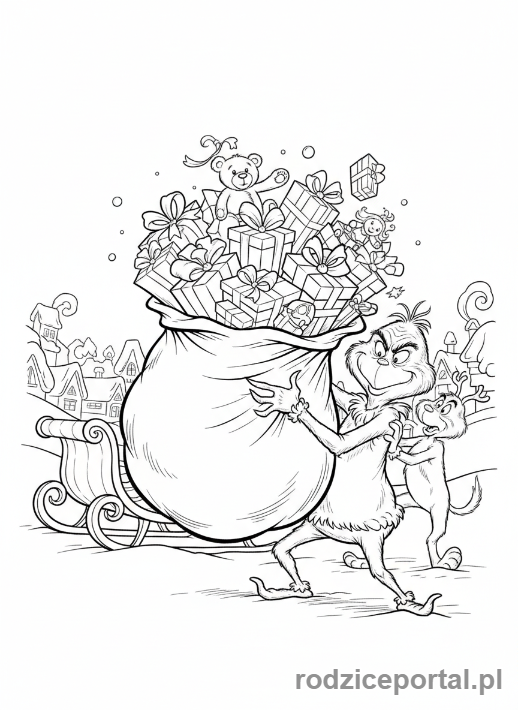 Kolorowanka Grinch - Grinch siłuje się z workiem prezentów