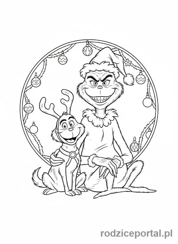 Kolorowanka Grinch - Grinch z Maxem w porożu renifera