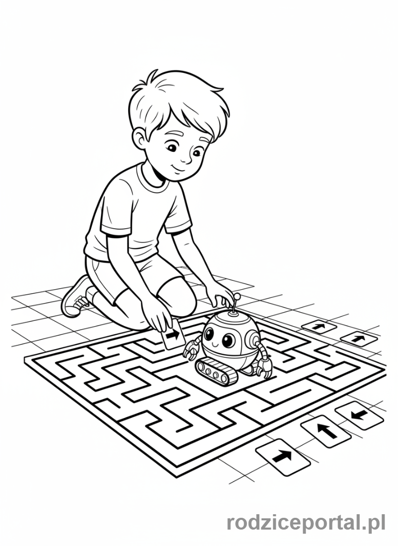 Kolorowanka Gry Edukacyjne - Chlopiec programuje robota