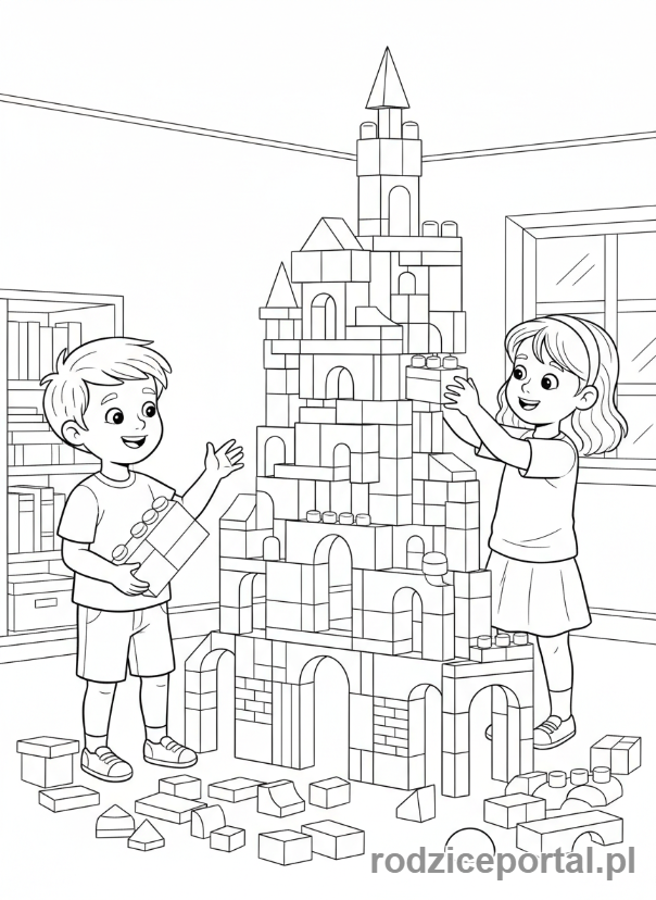 Kolorowanka Gry Edukacyjne - Dzieci buduja zamek z klockow