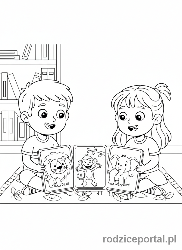 Kolorowanka Gry Edukacyjne - Dzieci zgaduja zwierzeta