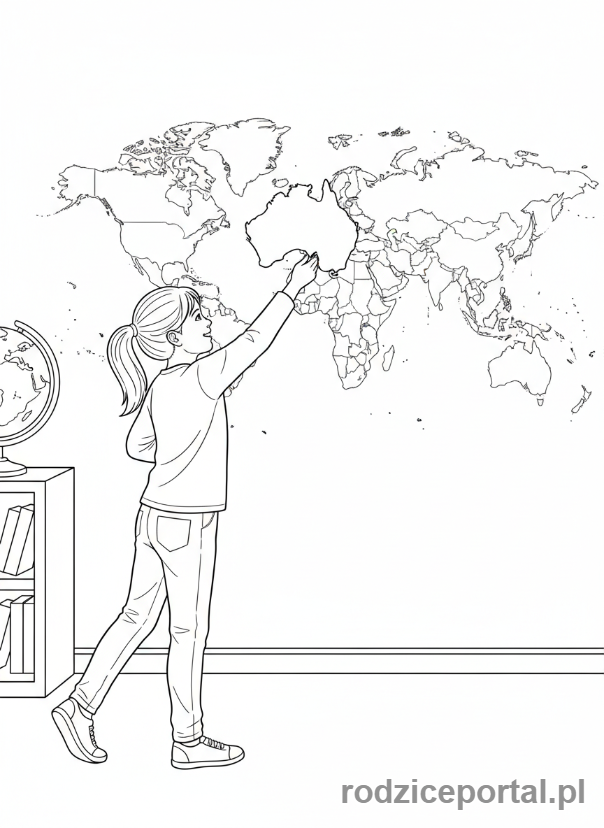 Kolorowanka Gry Edukacyjne - Dziewczynka z mapa swiata