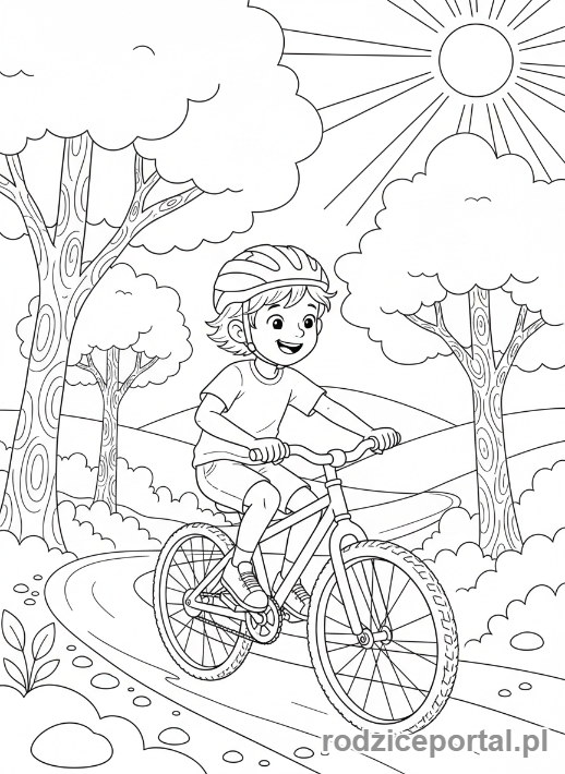 Kolorowanka Gry Podwórkowe - Chłopiec jedzie na rowerze po ścieżce.