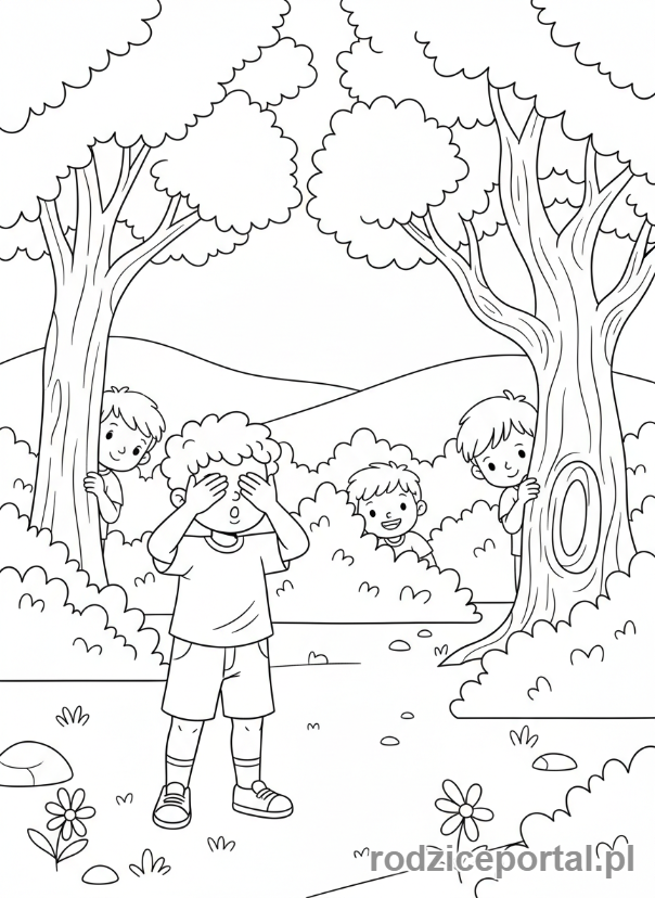 Kolorowanka Gry Podwórkowe - Chłopiec szuka przyjaciół w chowanego.