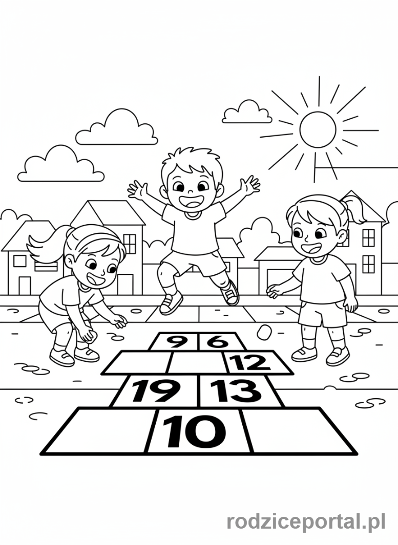 Kolorowanka Gry Podwórkowe - Dzieci grają w klasy na chodniku.