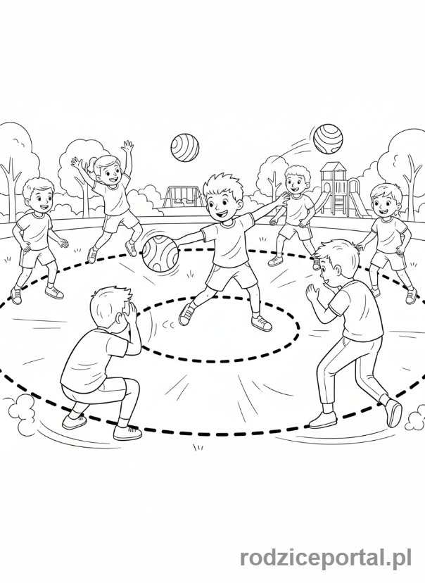 Kolorowanka Gry Podwórkowe - Dzieci rzucają piłką w grze 'dwa ognie'.