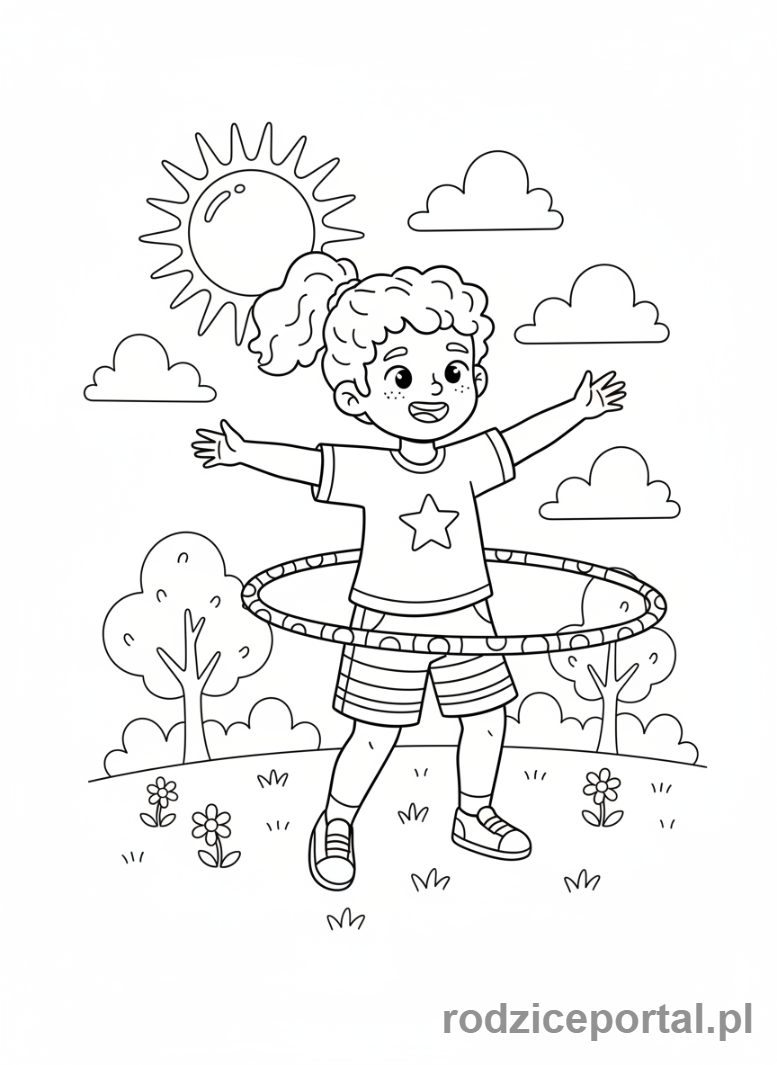 Kolorowanka Gry Podwórkowe - Dziecko kręci hula-hopem.