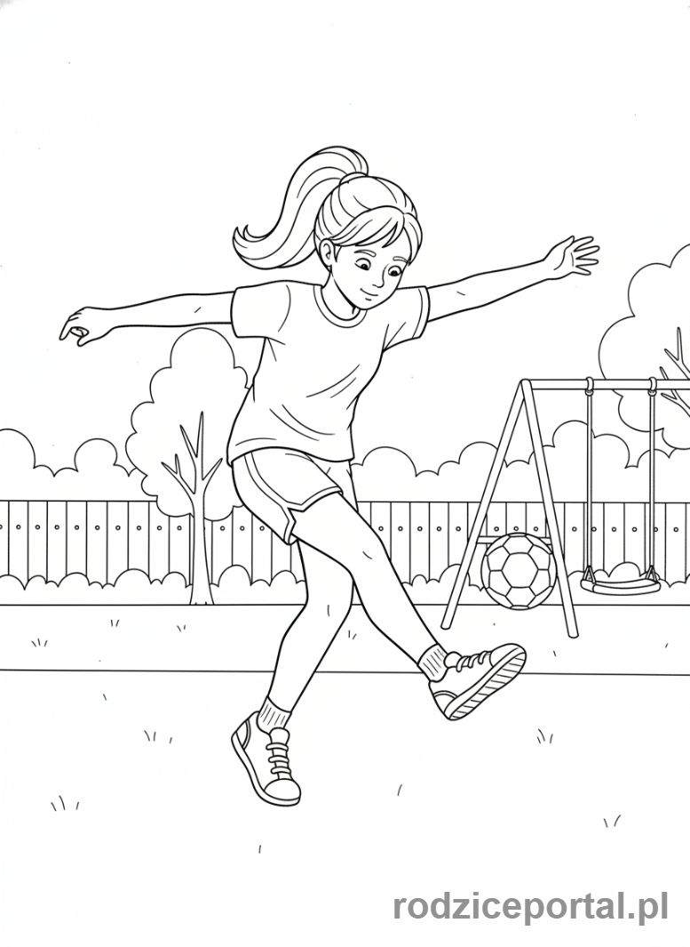 Kolorowanka Gry Podwórkowe - Dziewczynka podbija zośkę nogą.