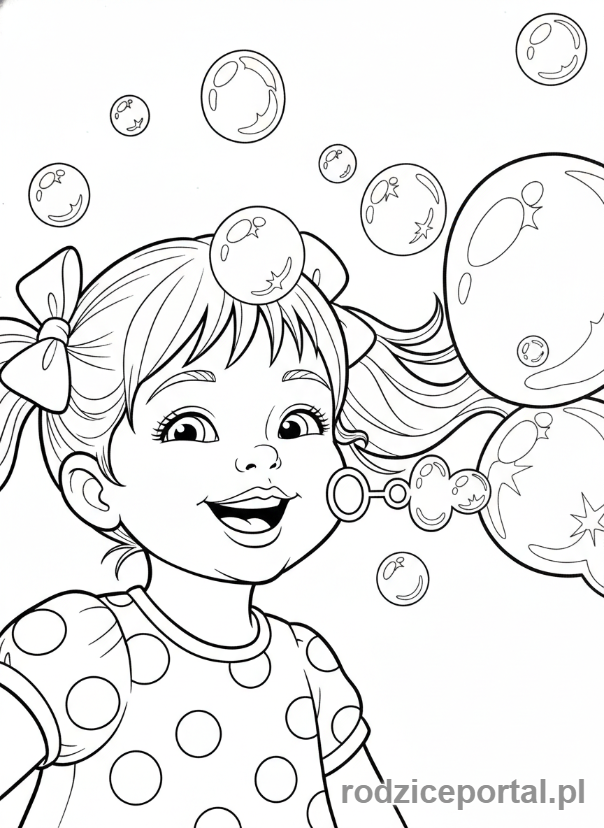 Kolorowanka Gry Podwórkowe - Dziewczynka puszcza bańki mydlane.