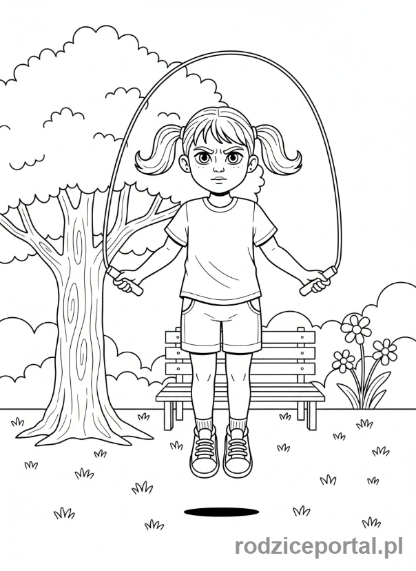 Kolorowanka Gry Podwórkowe - Dziewczynka skacze na skakance.