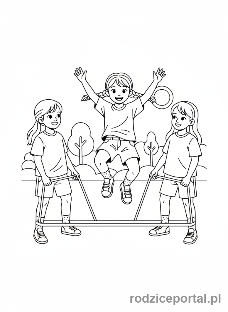 Kolorowanka Gry Podwórkowe - Trzy dziewczynki grają w gumę.