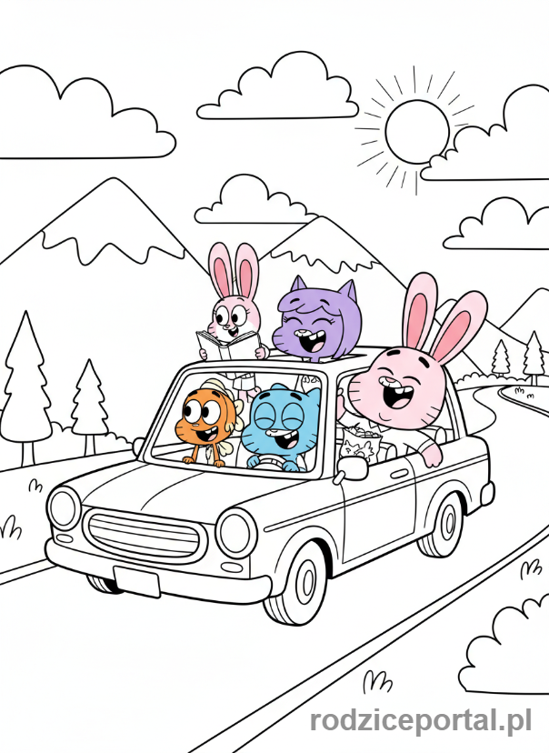 Kolorowanka Gumball - Rodzina Watterson w samochodzie