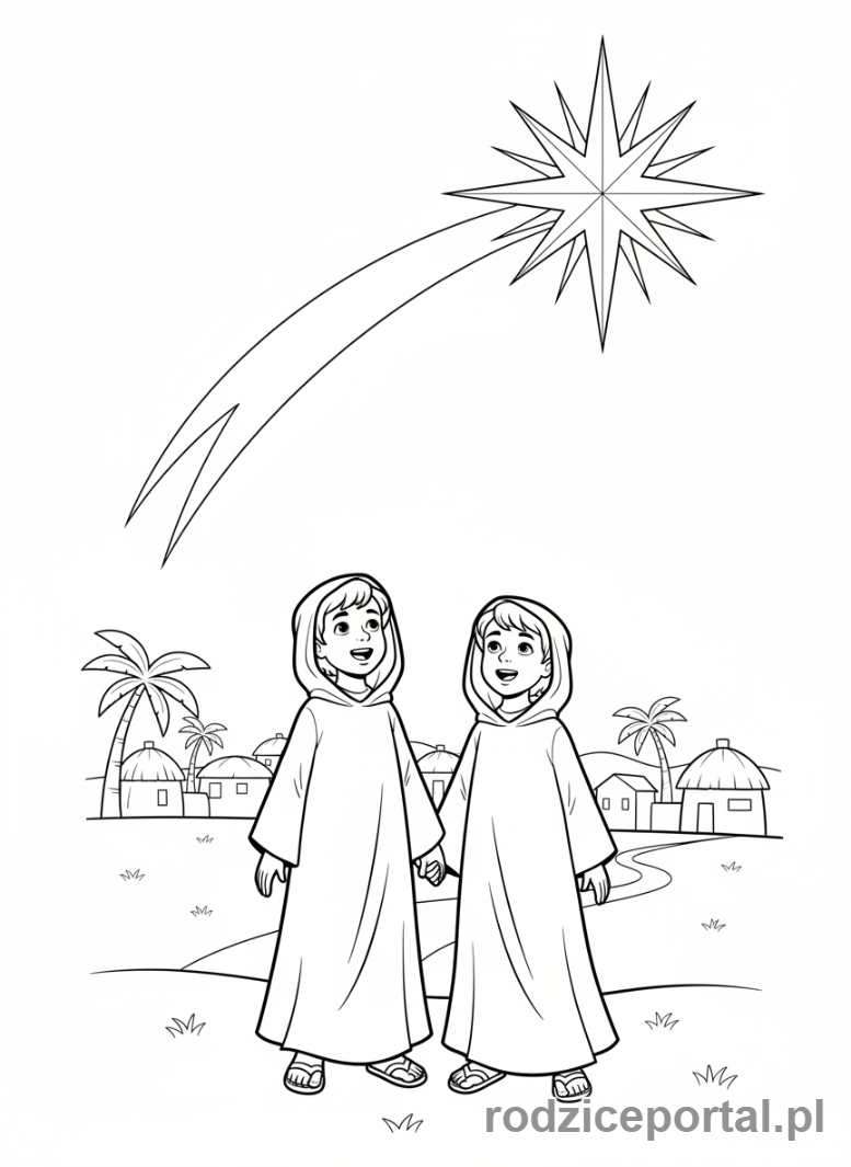 Kolorowanka Gwiazda Betlejemska - Dzieci podziwiające Gwiazdę