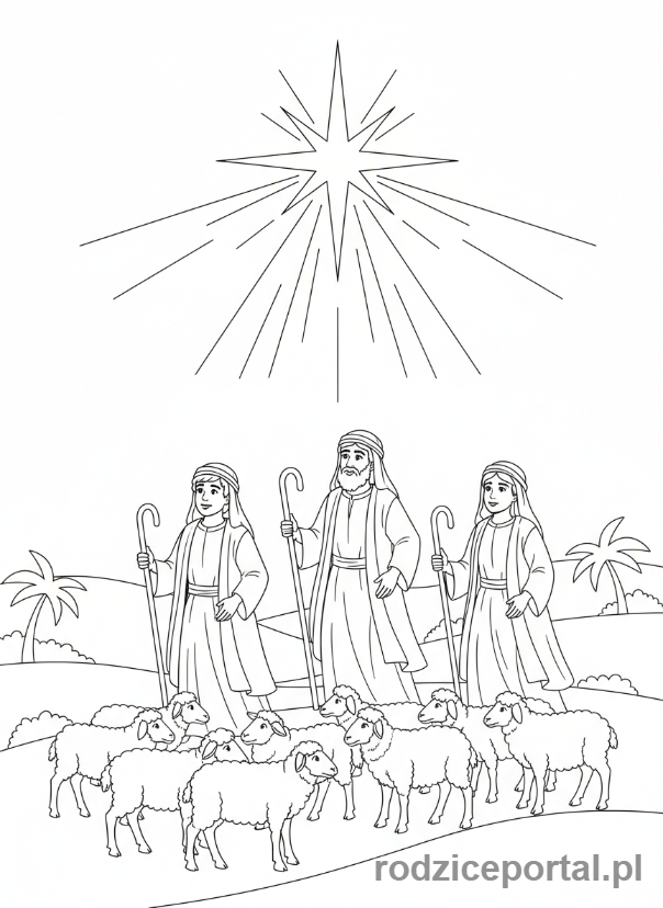 Kolorowanka Gwiazda Betlejemska - Pasterze patrzący na Gwiazdę