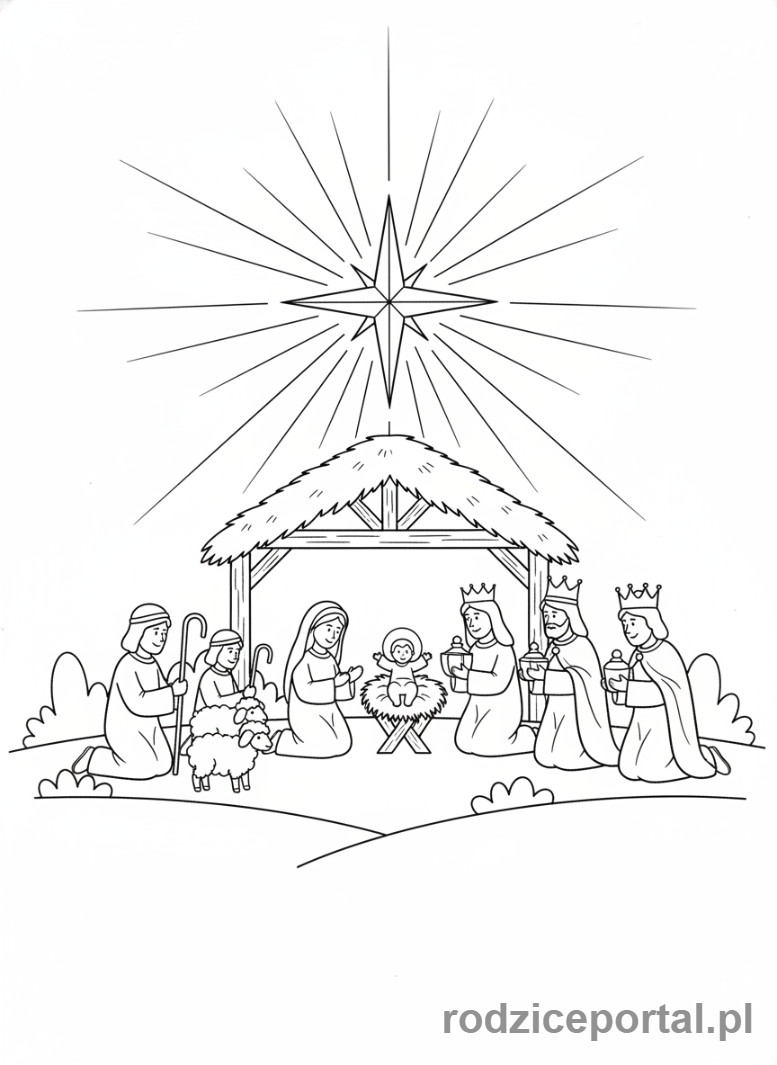 Kolorowanka Gwiazda Betlejemska - Scena Narodzenia ze Gwiazdą