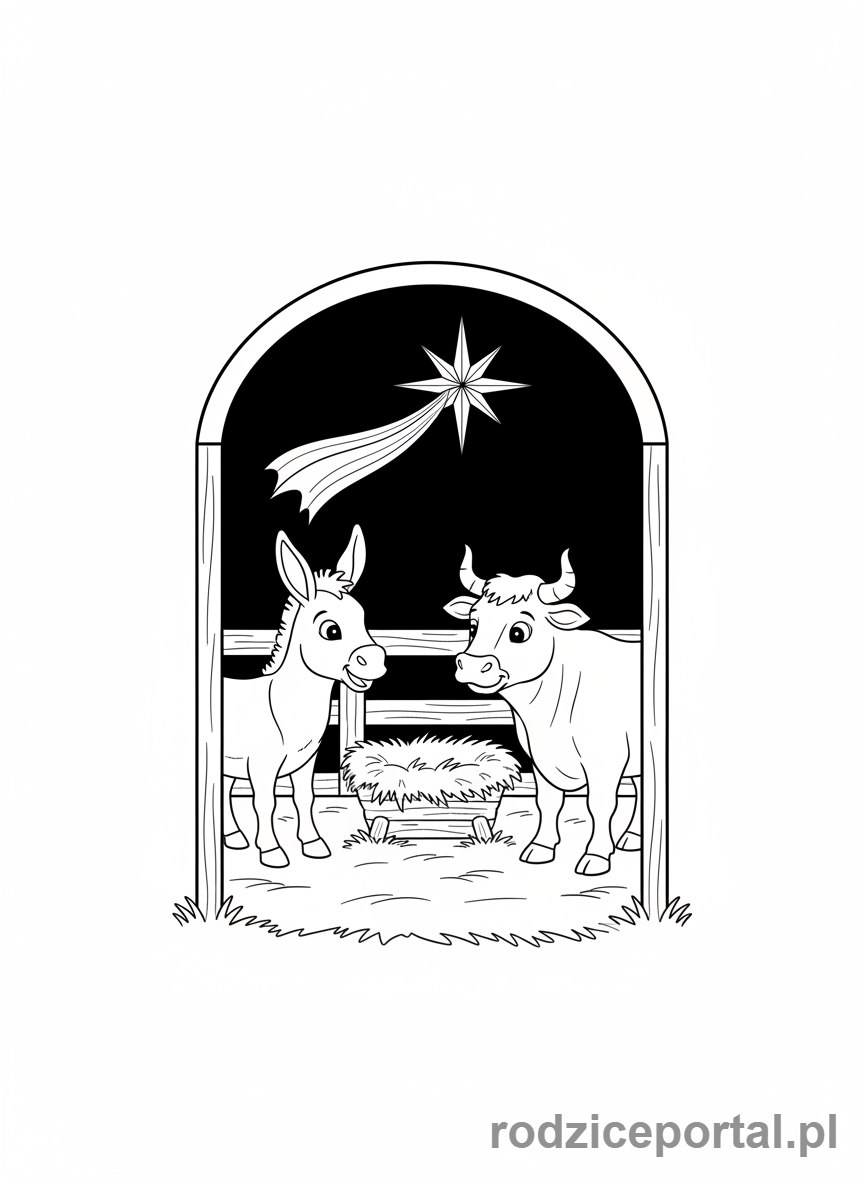 Kolorowanka Gwiazda Betlejemska - Zwierzęta w stajence i Gwiazda