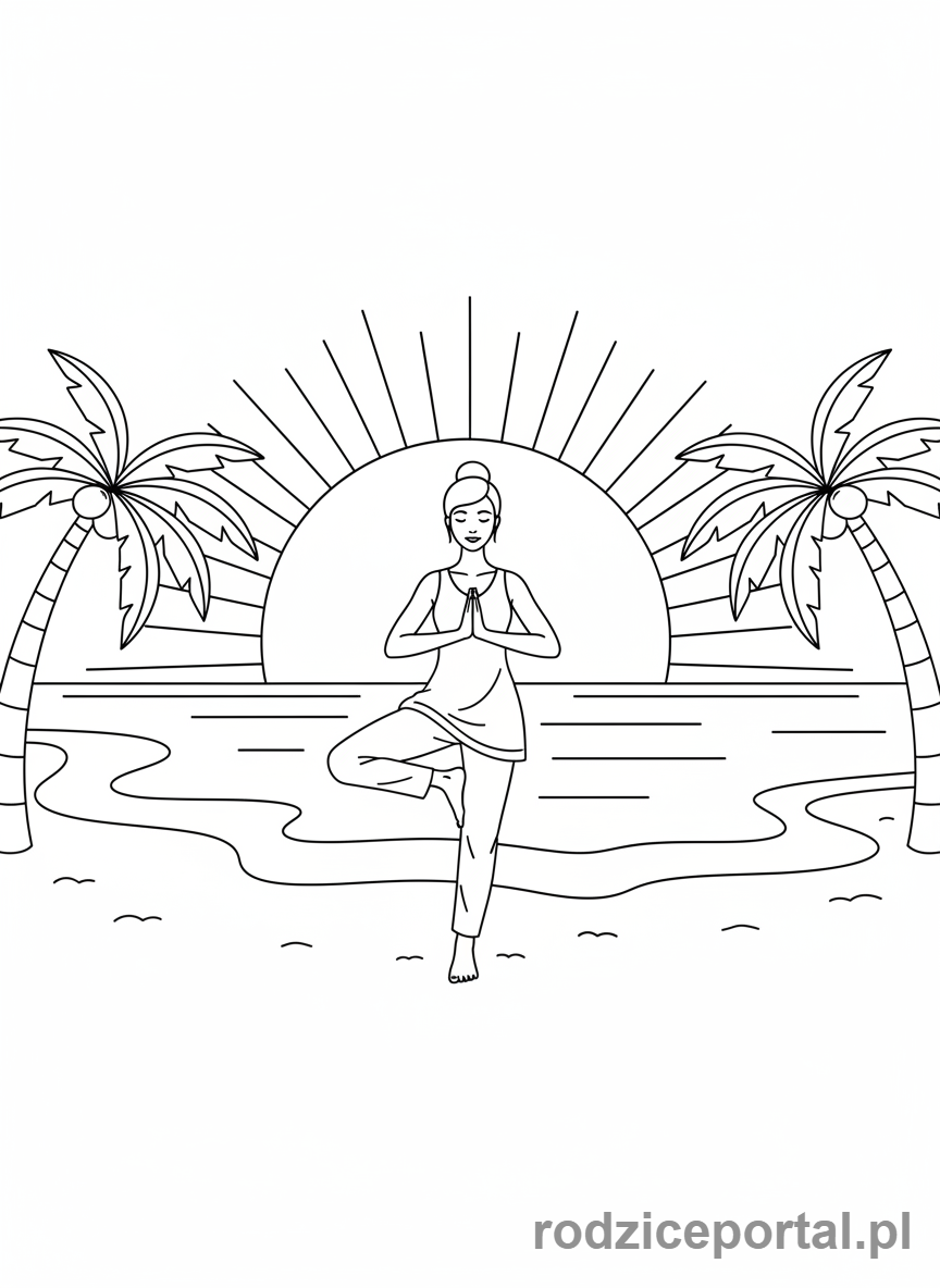 Kolorowanka Harmonia - Joga na plaży, zachód słońca