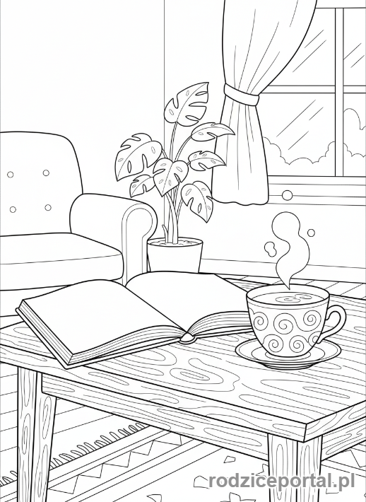 Kolorowanka Harmonia - Książka i filiżanka, przytulny pokój