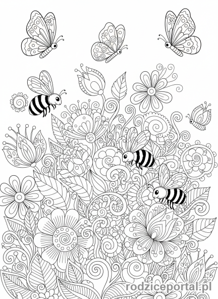 Kolorowanka Harmonia - Kwitnący ogród, motyle i pszczoły