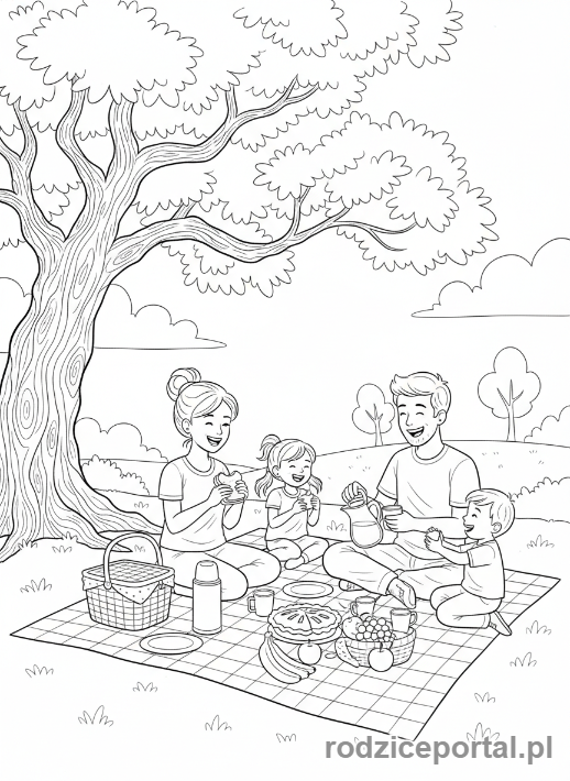 Kolorowanka Harmonia - Rodzina na pikniku pod drzewem