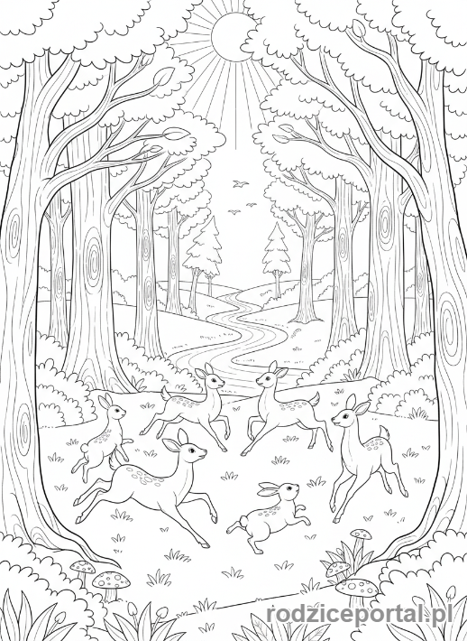 Kolorowanka Harmonia - Spokojny las, tańczące zwierzęta