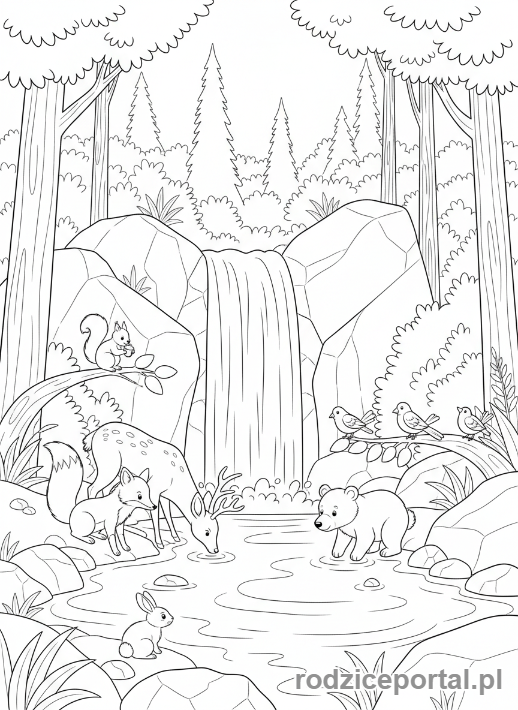 Kolorowanka Harmonia - Wodospad, leśne zwierzęta pijące