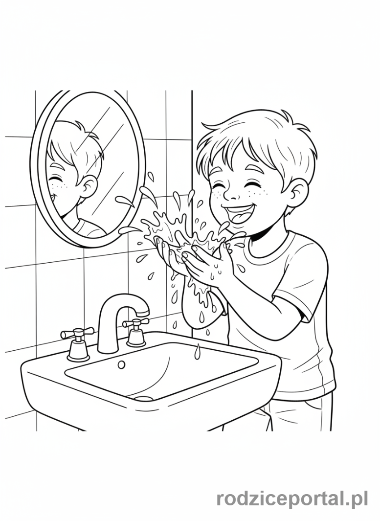Kolorowanka Higiena - Dziecko myje twarz