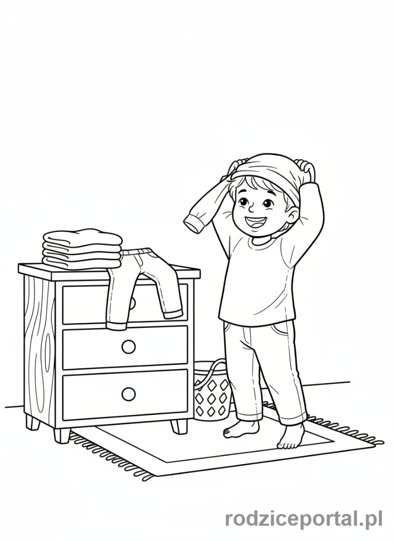 Kolorowanka Higiena - Dziecko zakłada czyste ubranie