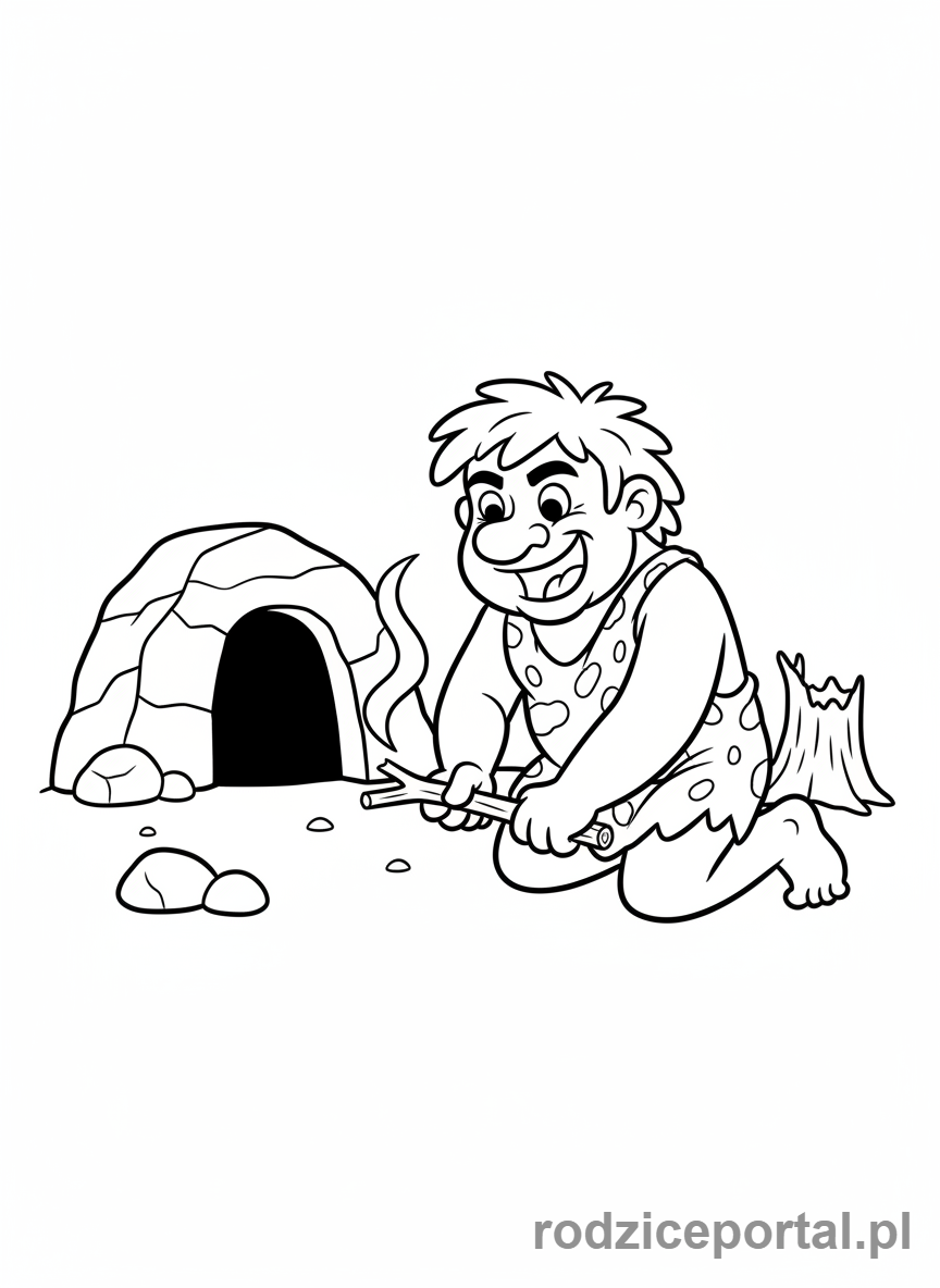Kolorowanka Historia Dla Dzieci - Jaskiniowiec rozniecający ogień