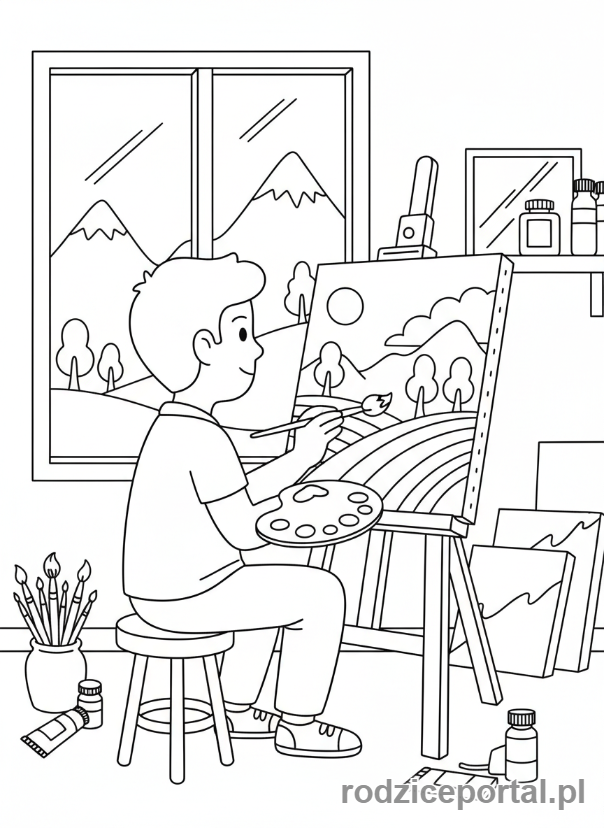 Kolorowanka Hobby - Artysta malujący pejzaż na sztaludze