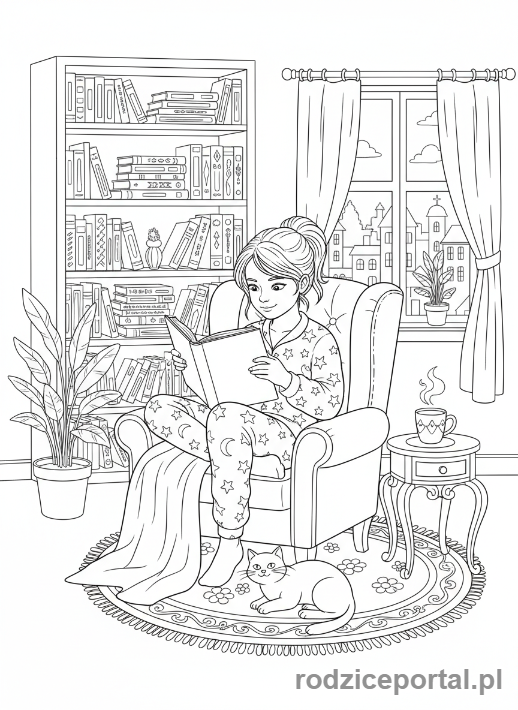 Kolorowanka Hobby - Dziewczynka czytająca książkę w fotelu