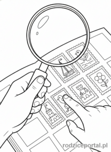 Kolorowanka Hobby - Kolekcjoner przeglądający znaczki lupą