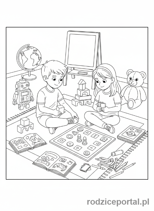 Kolorowanka Homeschooling - Dzieci grają w gry edukacyjne