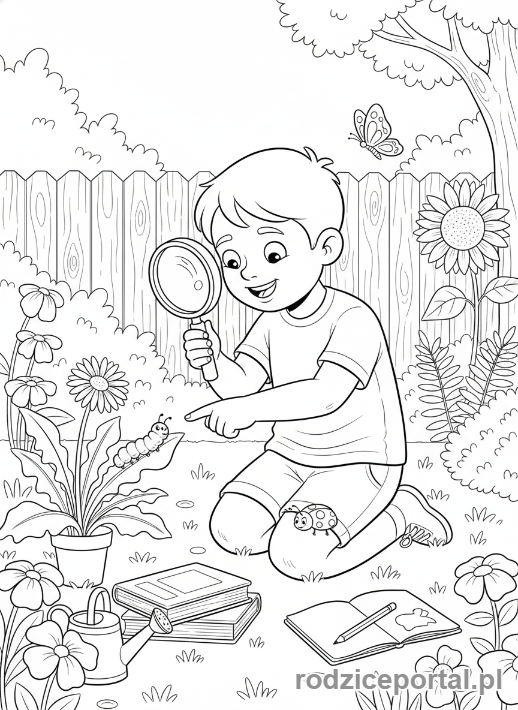 Kolorowanka Homeschooling - Dziecko studiuje przyrodę