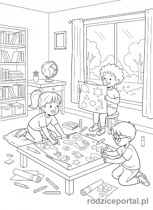Kolorowanka Homeschooling - Grupa dzieci pracuje nad projektem
