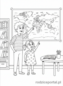 Kolorowanka Homeschooling - Rodzic i dziecko z mapą