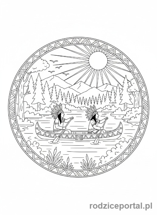 Kolorowanka Indiańskie - Kanoe na jeziorze