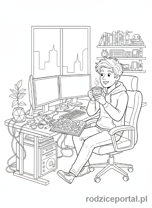 Kolorowanka Informatyk - Informatyk z kawą