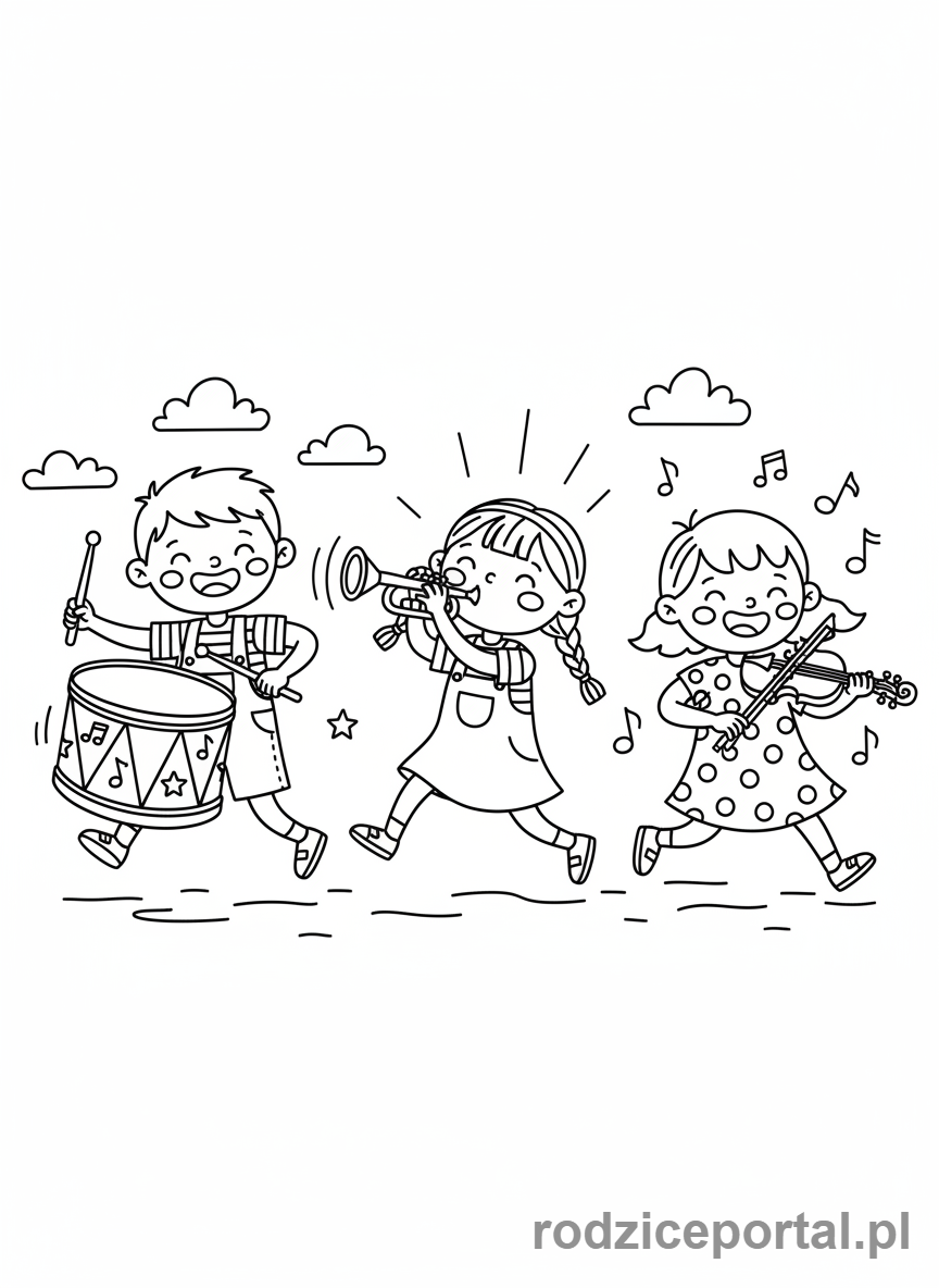 Kolorowanka Instrumenty Muzyczne - Dzieci_grajace_w_zespole