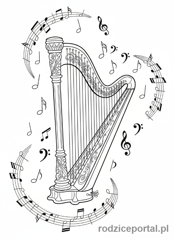 Kolorowanka Instrumenty Muzyczne - Harfa_z_nutami