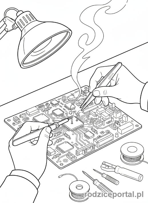 Kolorowanka Inżynier - Inżynier naprawia płytkę