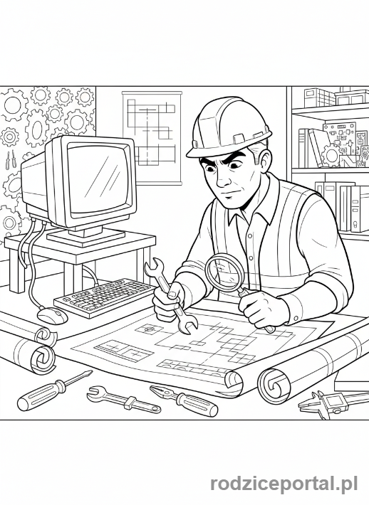 Kolorowanka Inżynier - Inżynier przy biurku