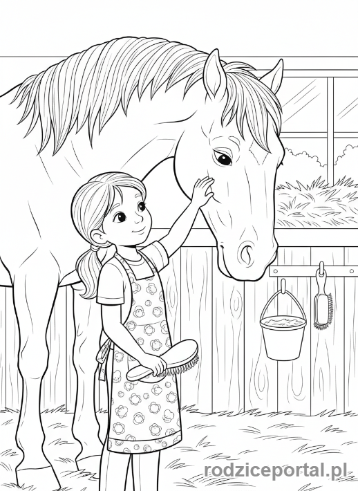 Kolorowanka Jazda Konna - Dziewczynka czesząca konia