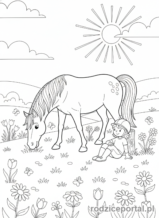 Kolorowanka Jazda Konna - Koń jedzący trawę