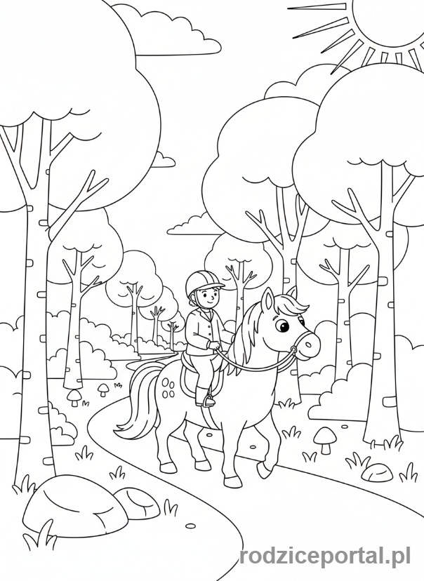 Kolorowanka Jazda Konna - Przejażdżka konna w lesie