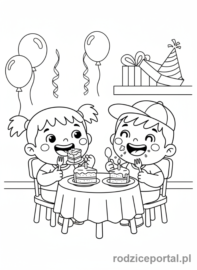 Kolorowanka Jedzenie - Dzieci jedzące ciasto