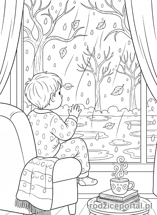 Kolorowanka Jesienne - Dziecko w deszcz