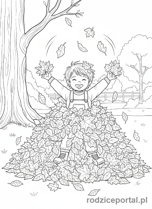 Kolorowanka Jesienne - Dziecko w liściach