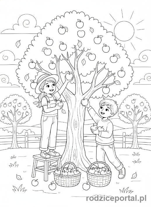 Kolorowanka Jesienne - Zbieranie jabłek